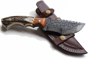 Damascus Hunting Knife with Stag Antler Handle and Leather Sheath (Damascus Tracker, 4.5 Inch Blade)