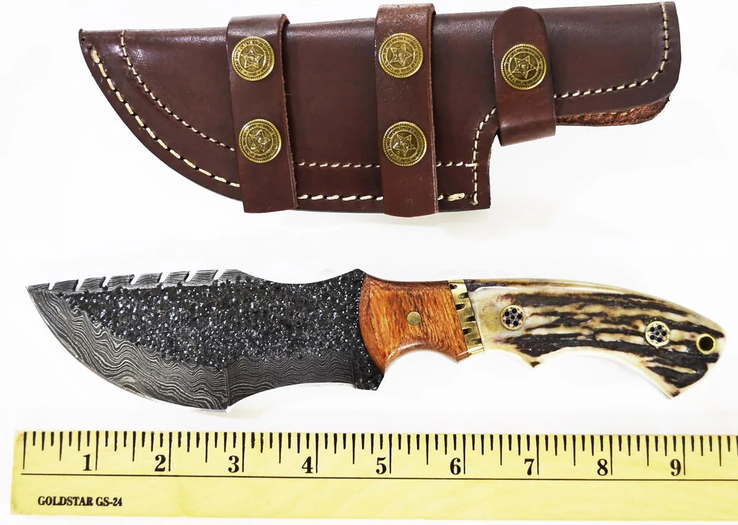 Damascus Hunting Knife with Stag Antler Handle and Leather Sheath (Damascus Tracker, 4.5 Inch Blade)