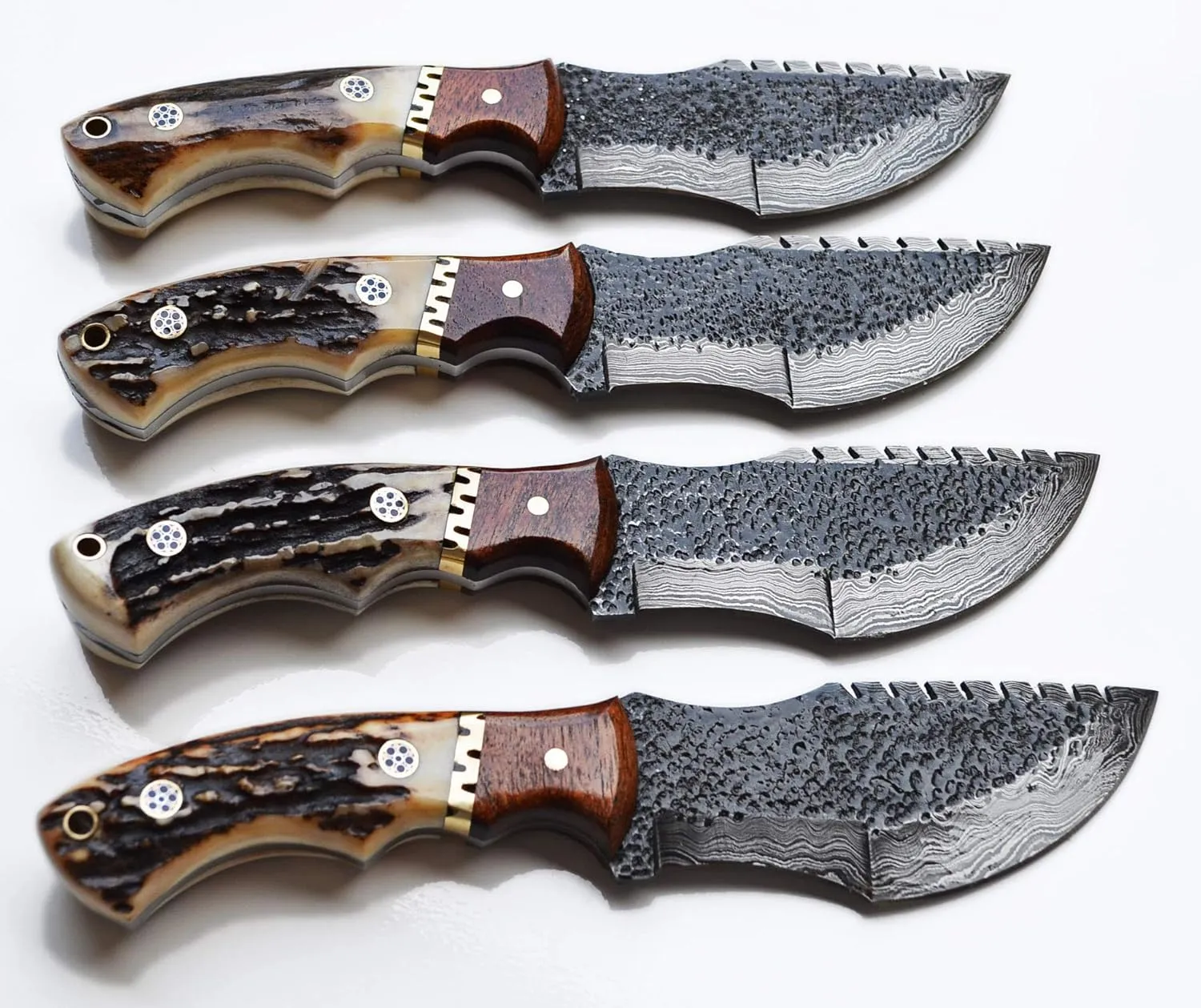 Damascus Hunting Knife with Stag Antler Handle and Leather Sheath (Damascus Tracker, 4.5 Inch Blade)