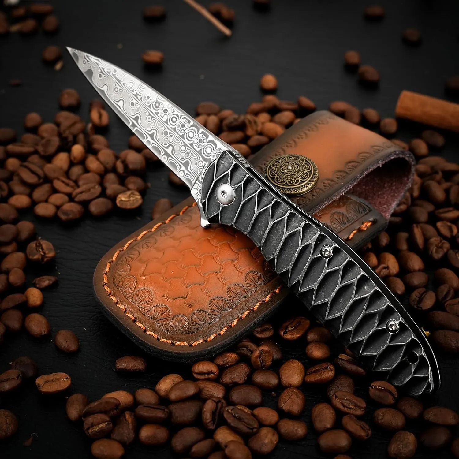 Damascus Pocket Knife, 2.87" Damascus Blade Folding Knives with Stainless Steel Handle, EDC Knife for Camping Hiking Hunting Gift