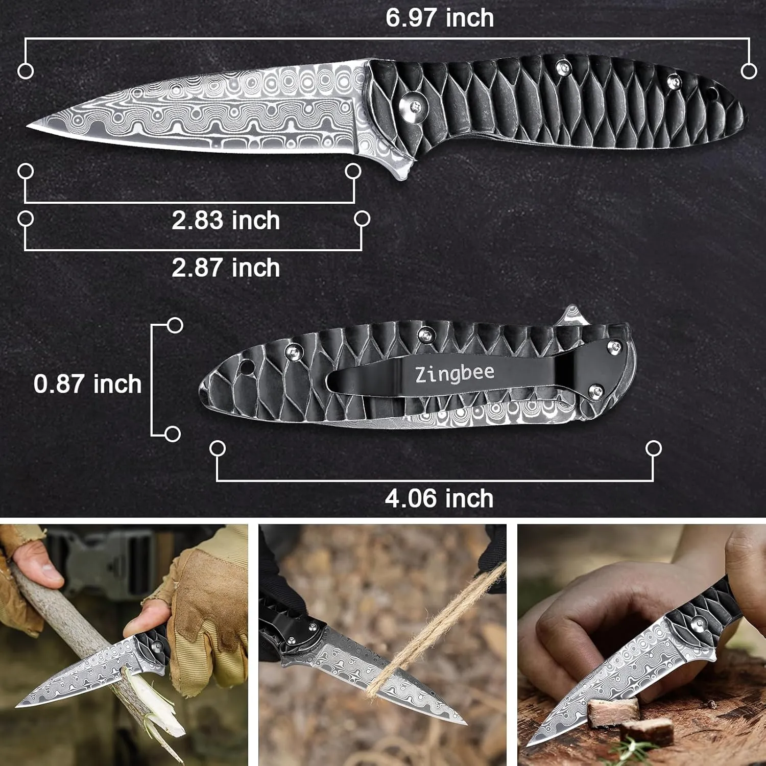 Damascus Pocket Knife, 2.87" Damascus Blade Folding Knives with Stainless Steel Handle, EDC Knife for Camping Hiking Hunting Gift