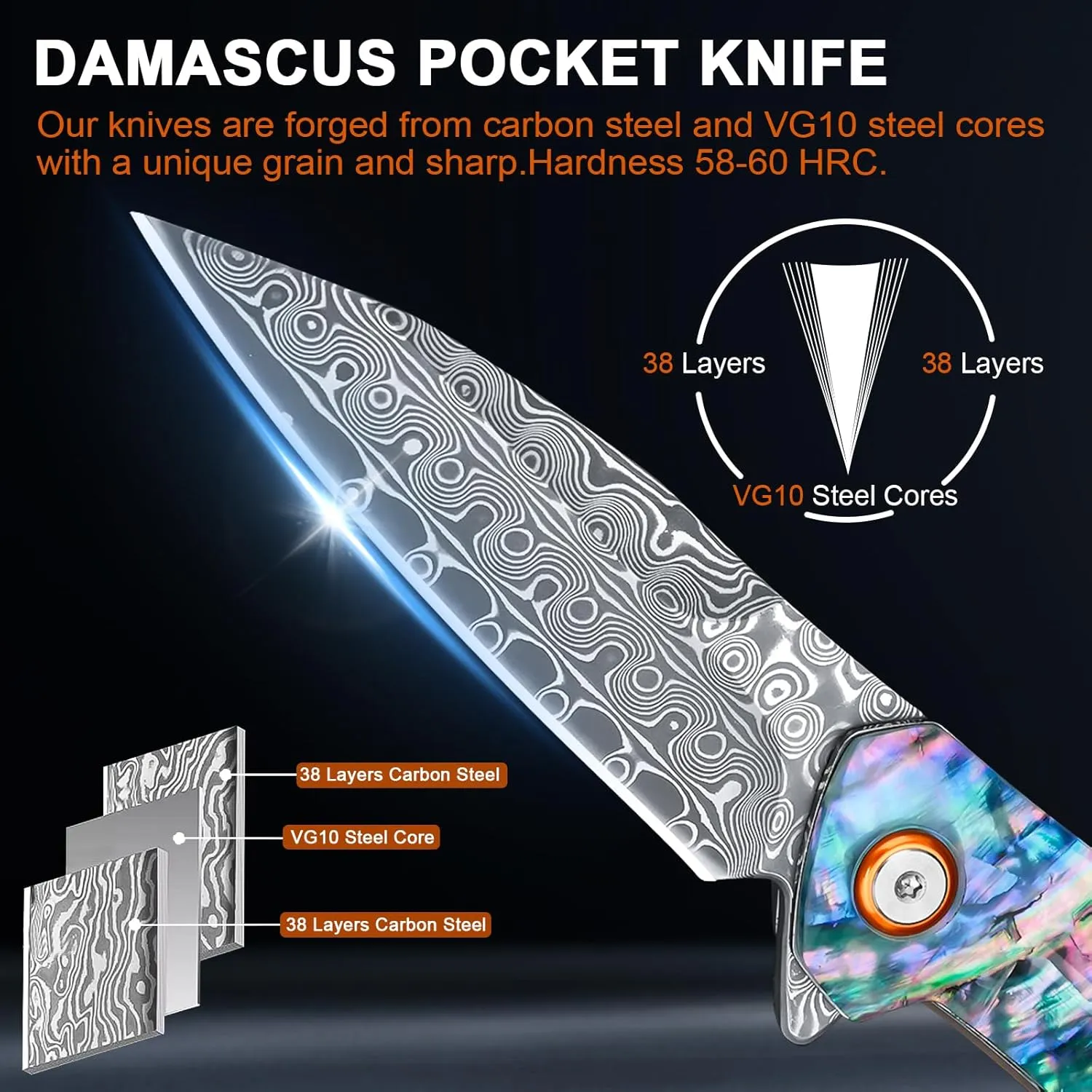 Damascus Pocket Knife, 3.03" VG10 Damascus Steel Blade Folding Knife with Abalone Shell Handle, EDC Camping Knives for Outdoor Indoor, Gifts for Women Men