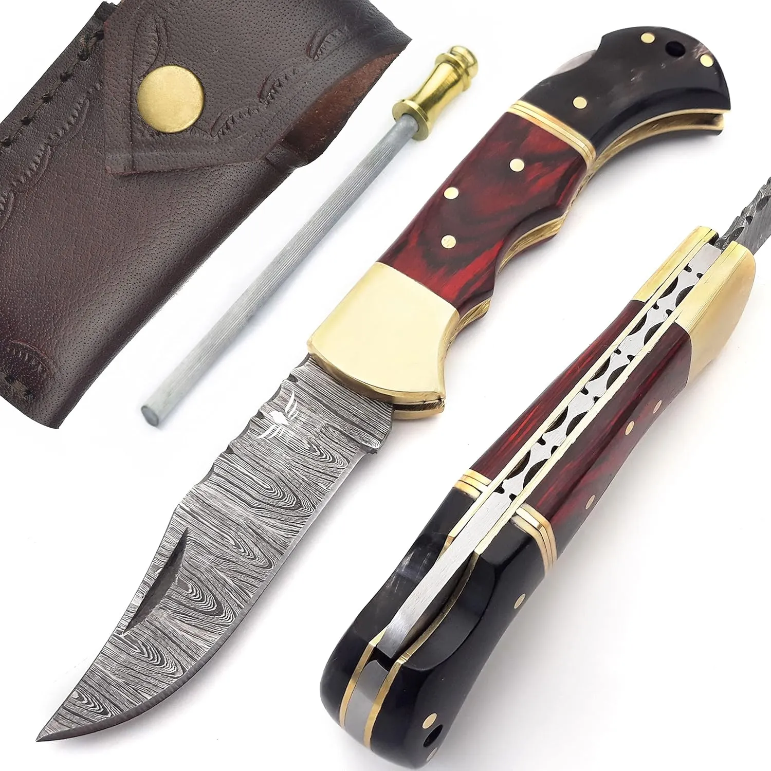 Damascus Pocket Knife for Men - 133 Layer Solid Steel Handmade Folding Hunting Knives with Sharpner and Leather Pouch - Best Knife for Camping Hunting Hiking - Father’s Day Gifts for Men Husband Dad (Red Wood & Buffalo Horn Handle)
