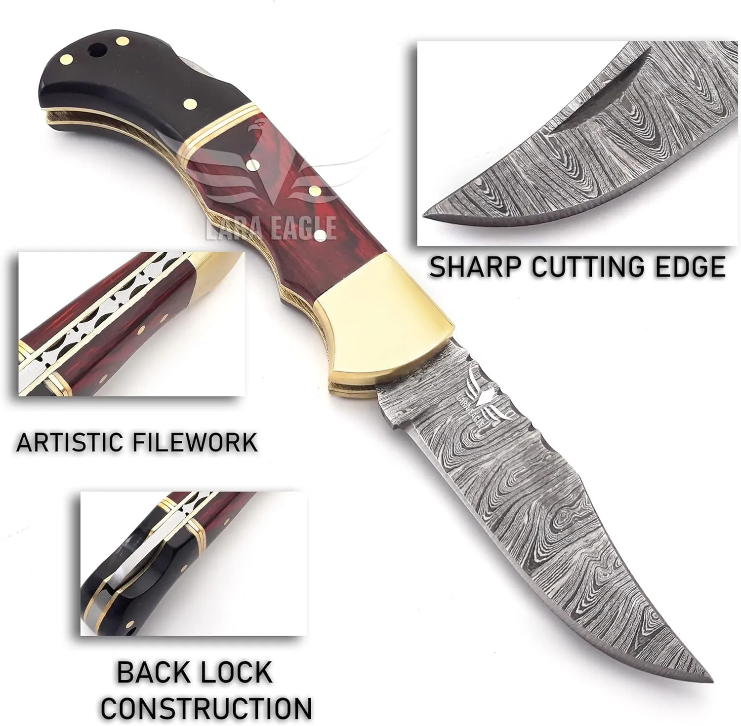 Damascus Pocket Knife for Men - 133 Layer Solid Steel Handmade Folding Hunting Knives with Sharpner and Leather Pouch - Best Knife for Camping Hunting Hiking - Father’s Day Gifts for Men Husband Dad (Red Wood & Buffalo Horn Handle)