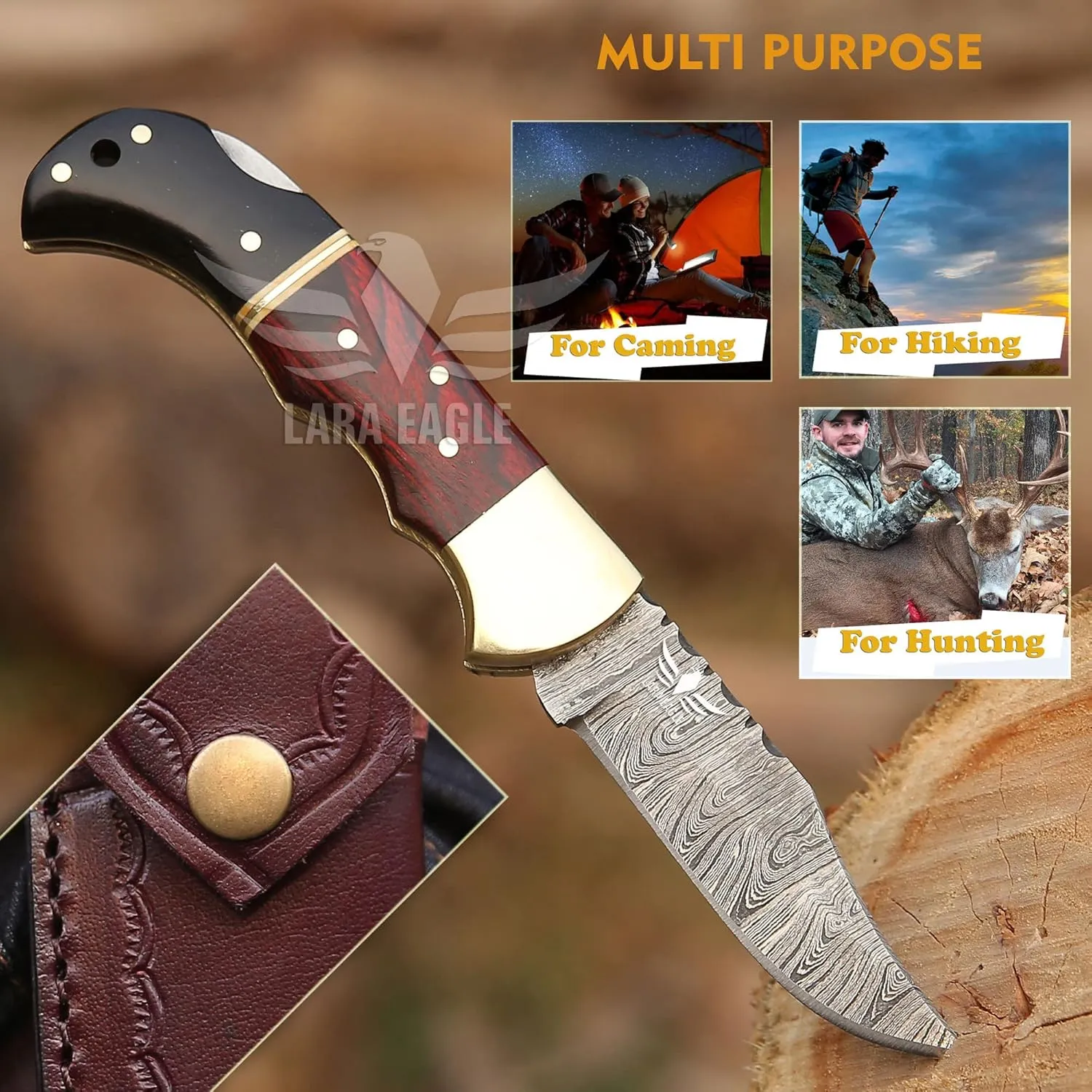 Damascus Pocket Knife for Men - 133 Layer Solid Steel Handmade Folding Hunting Knives with Sharpner and Leather Pouch - Best Knife for Camping Hunting Hiking - Father’s Day Gifts for Men Husband Dad (Red Wood & Buffalo Horn Handle)