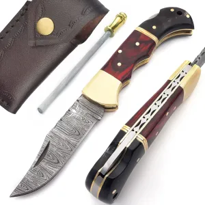Damascus Pocket Knife for Men - 133 Layer Solid Steel Handmade Folding Hunting Knives with Sharpner and Leather Pouch - Best Knife for Camping Hunting Hiking - Father’s Day Gifts for Men Husband Dad (Red Wood & Buffalo Horn Handle)