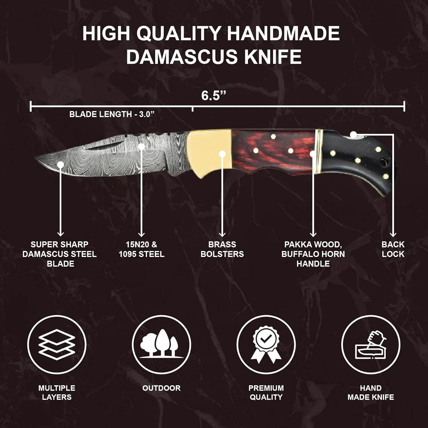 Damascus Pocket Knife for Men - 133 Layer Solid Steel Handmade Folding Hunting Knives with Sharpner and Leather Pouch - Best Knife for Camping Hunting Hiking - Father’s Day Gifts for Men Husband Dad (Red Wood & Buffalo Horn Handle)