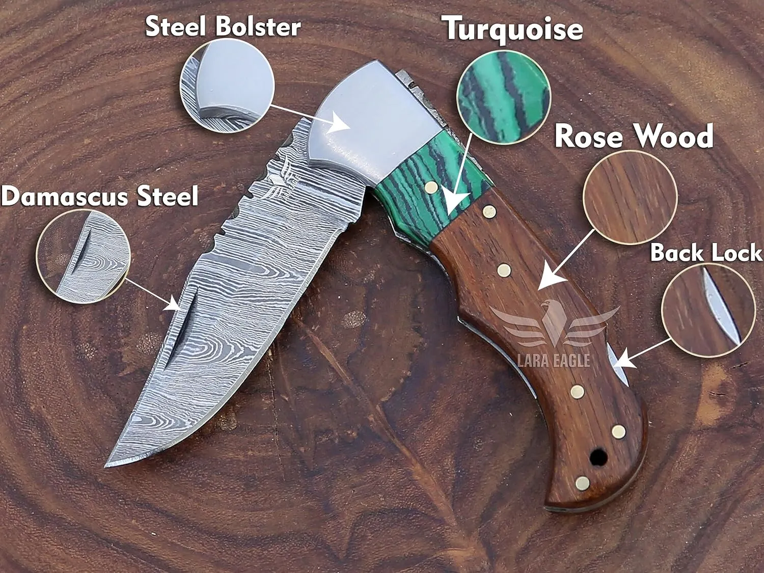 Damascus Pocket Knife for Men - Multi Layer Solid Steel Handmade Folding Hunting Knive - Turquoise & Rosewood Handle with Sharpner and Leather Pouch - Best Knife for Camping Hunting Hiking - Father’s Day Gifts for Men Husband Dad