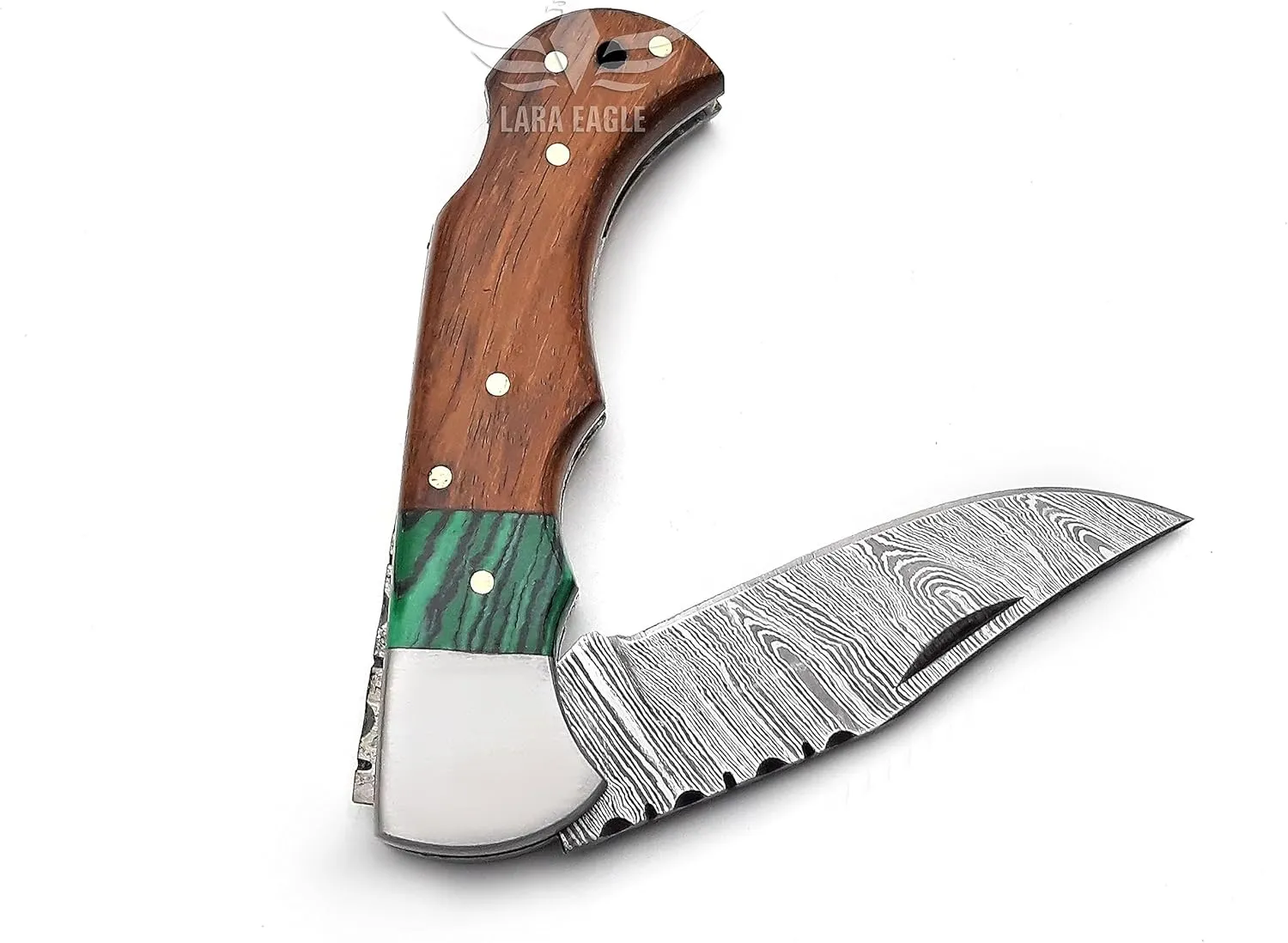 Damascus Pocket Knife for Men - Multi Layer Solid Steel Handmade Folding Hunting Knive - Turquoise & Rosewood Handle with Sharpner and Leather Pouch - Best Knife for Camping Hunting Hiking - Father’s Day Gifts for Men Husband Dad