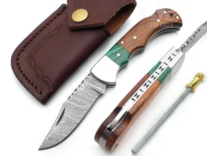 Damascus Pocket Knife for Men - Multi Layer Solid Steel Handmade Folding Hunting Knive - Turquoise & Rosewood Handle with Sharpner and Leather Pouch - Best Knife for Camping Hunting Hiking - Father’s Day Gifts for Men Husband Dad