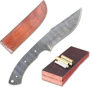 Damascus Steel Hunting Knife Making Kit, Damascus Knife Blade Blank with Making Supplies includes Pins and Handle Scales with Sheath, Camping Knife for Men & DIY Supplies