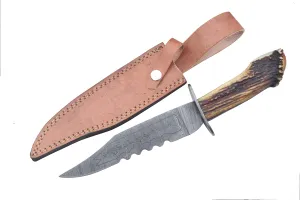Damascus Steel Ruby~'s Demon Killing Knife - Supernatural Stag Horn Antler Handle Sharp Edge Etched Knife with Sheath, Brown, 31cm