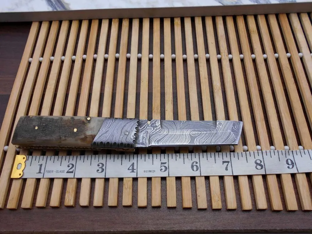Damascus Steel Tanto Blade Folding Knife, Available in Various Natural Scales with Damascus Bolster, Cow Hide Leather Sheath, Equipped with Thumb knob & Liner Lock