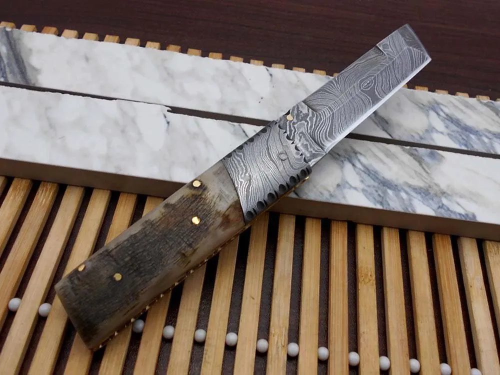 Damascus Steel Tanto Blade Folding Knife, Available in Various Natural Scales with Damascus Bolster, Cow Hide Leather Sheath, Equipped with Thumb knob & Liner Lock