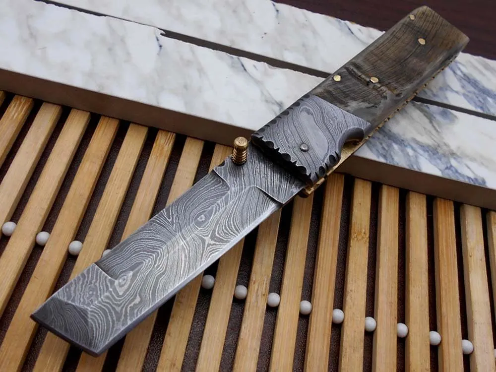 Damascus Steel Tanto Blade Folding Knife, Available in Various Natural Scales with Damascus Bolster, Cow Hide Leather Sheath, Equipped with Thumb knob & Liner Lock