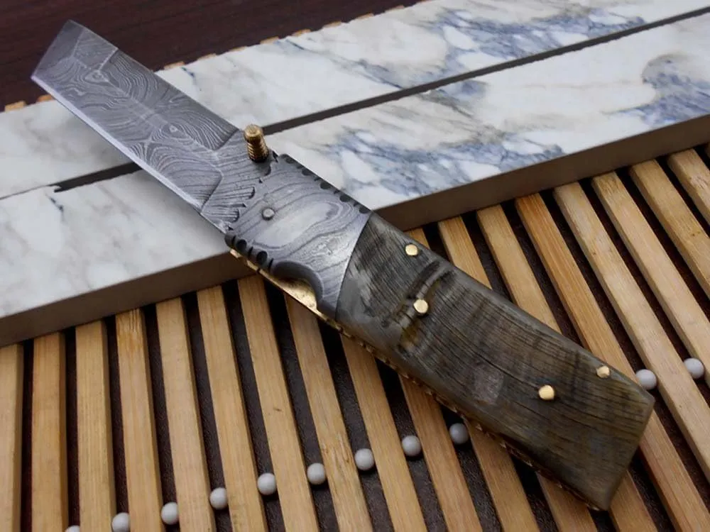 Damascus Steel Tanto Blade Folding Knife, Available in Various Natural Scales with Damascus Bolster, Cow Hide Leather Sheath, Equipped with Thumb knob & Liner Lock