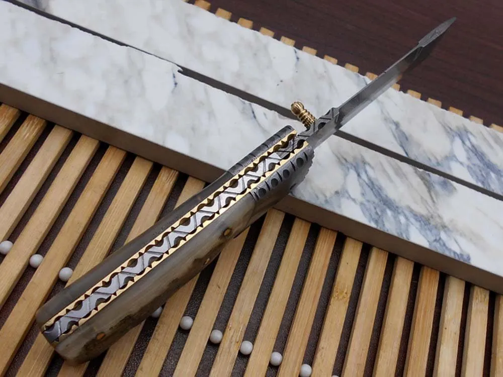 Damascus Steel Tanto Blade Folding Knife, Available in Various Natural Scales with Damascus Bolster, Cow Hide Leather Sheath, Equipped with Thumb knob & Liner Lock