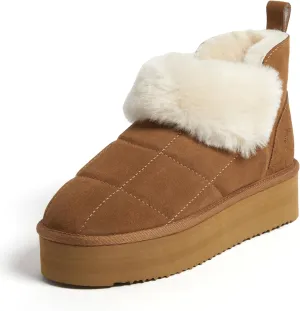 Dearfoams Women's Bootie Bayswater Comfy Indoor Outdoor Shearling Platform Slipper Ankle Boot