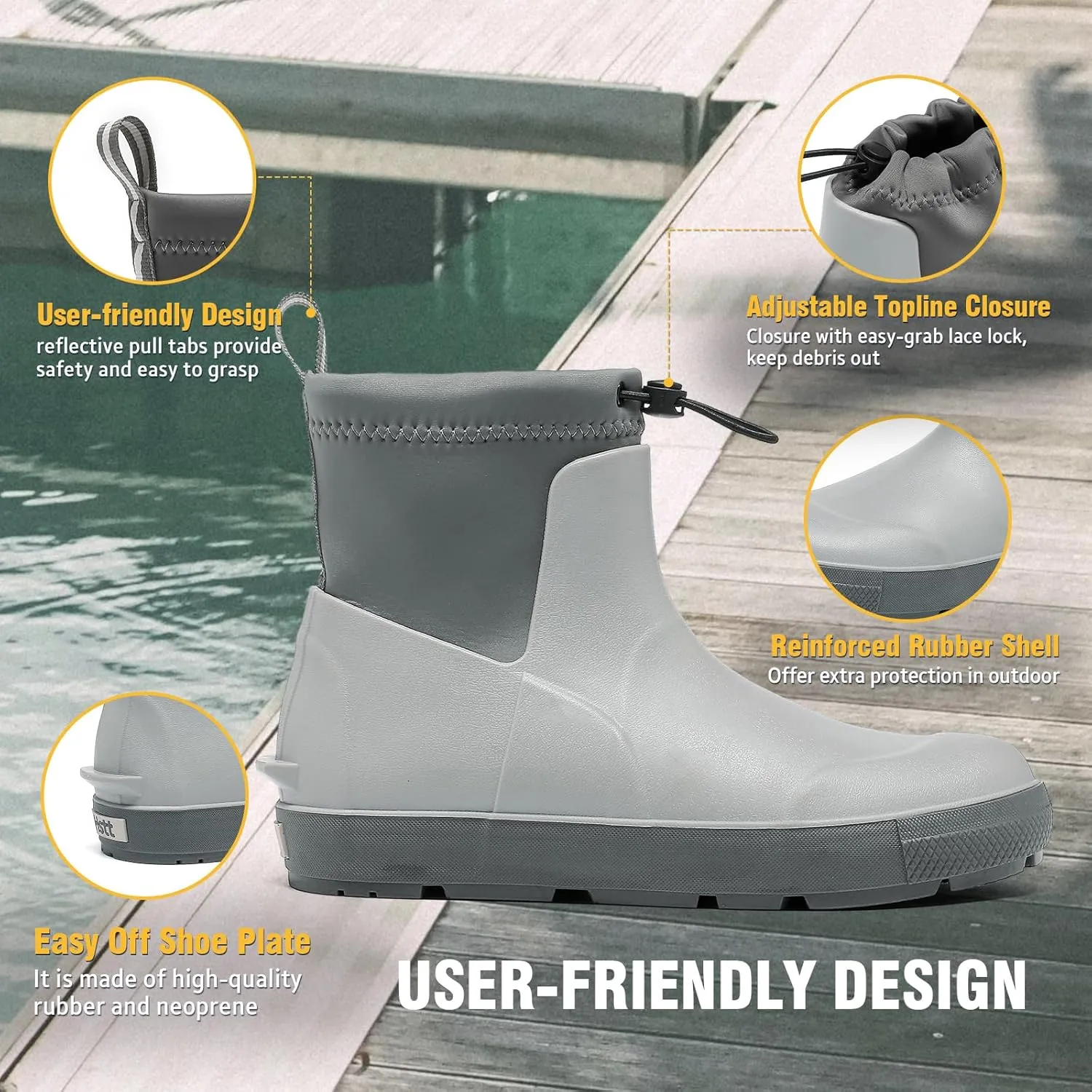 Deck Boots For Men Anti-Slip, Waterproof Ankle Rain Boots, Rubber Outdoor Fishing Footwear, Chelsea Garden Work Water Shoes, Size 6.5-12