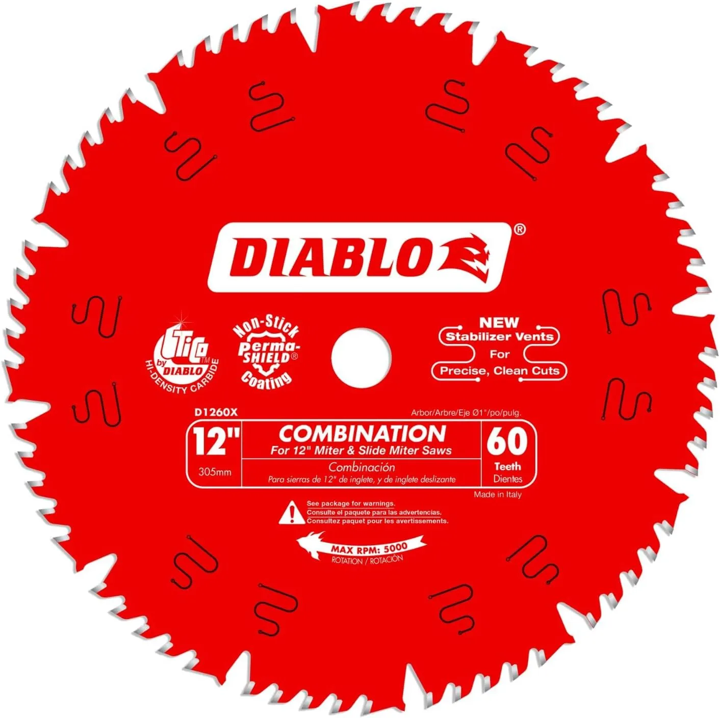 Diablo Combination Saw Blade for Wood - 12" Diameter, 60 Comb Teeth, 1" Arbor, .118" Kerf, 15° Hook Angle, .071" Plate, 6,000 Max RPM - D1260X