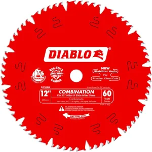 Diablo Combination Saw Blade for Wood - 12" Diameter, 60 Comb Teeth, 1" Arbor, .118" Kerf, 15° Hook Angle, .071" Plate, 6,000 Max RPM - D1260X