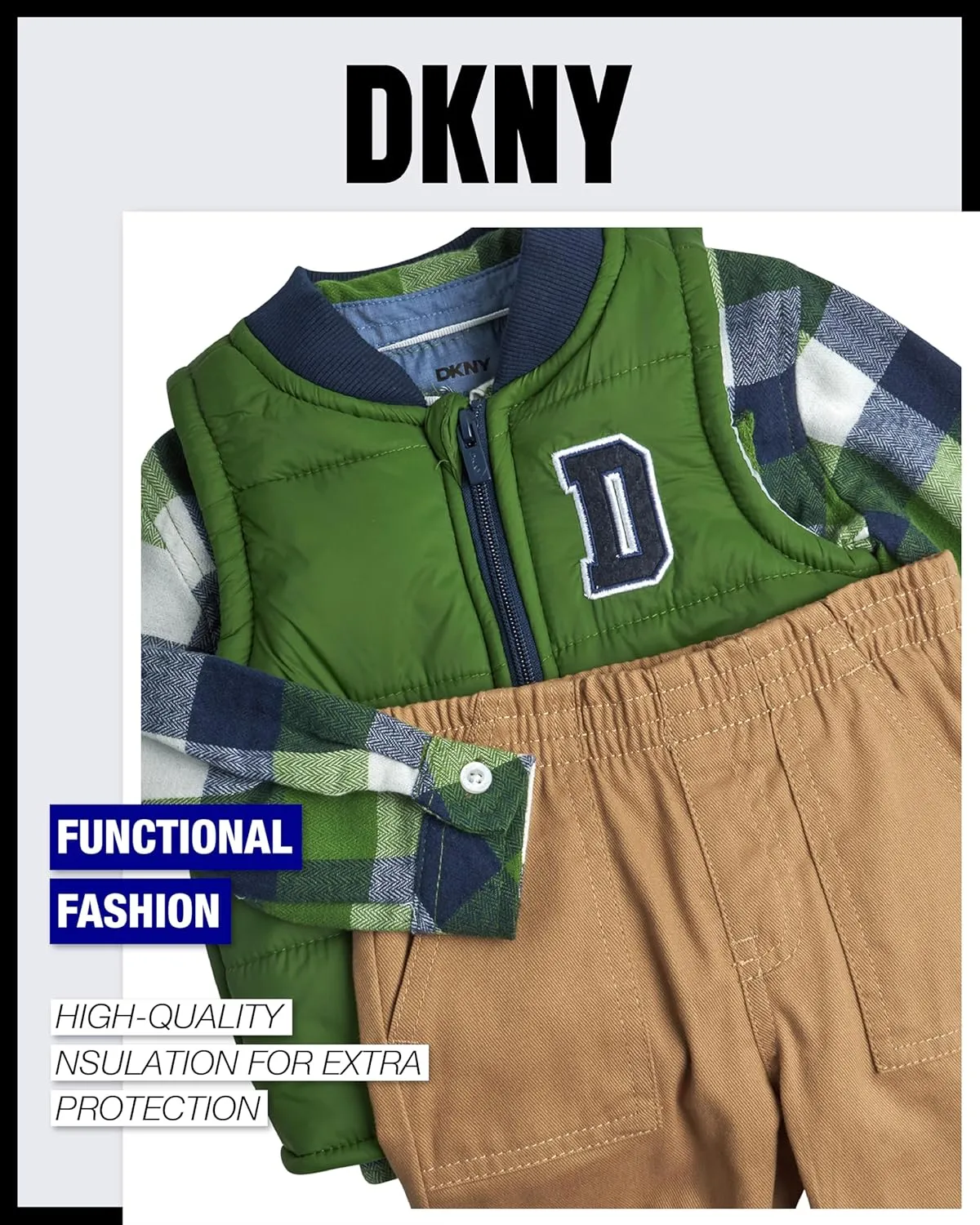 DKNY Baby Boys' Pants Set - 3 Piece Insulated Puffer Vest, Long Sleeve Shirts and Pants for Boys (Infant Sizes: 12M-4T)
