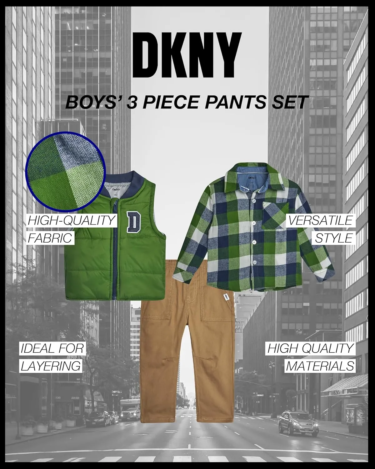 DKNY Baby Boys' Pants Set - 3 Piece Insulated Puffer Vest, Long Sleeve Shirts and Pants for Boys (Infant Sizes: 12M-4T)