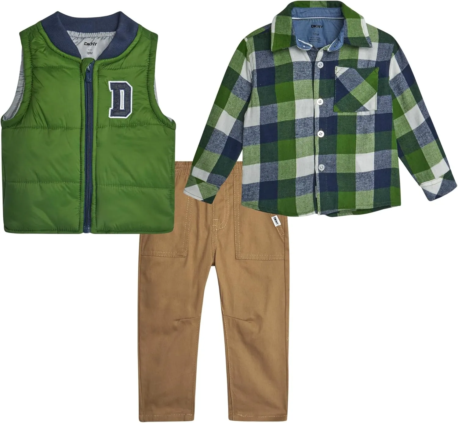 DKNY Baby Boys' Pants Set - 3 Piece Insulated Puffer Vest, Long Sleeve Shirts and Pants for Boys (Infant Sizes: 12M-4T)