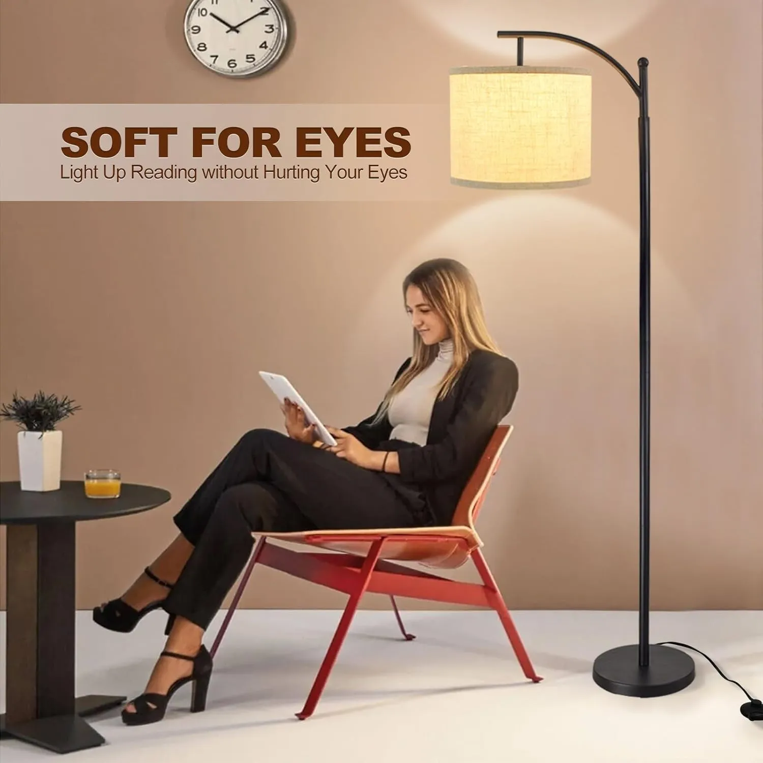 DLLT Modern Arc Floor Lamp, Farmhouse Standing Floor Lamps with Lantern Lampshade, Industrial Tall Reading Light for Bedroom Living Room Office Study, 3 Color Temperatures, Black, 8W Bulb Included