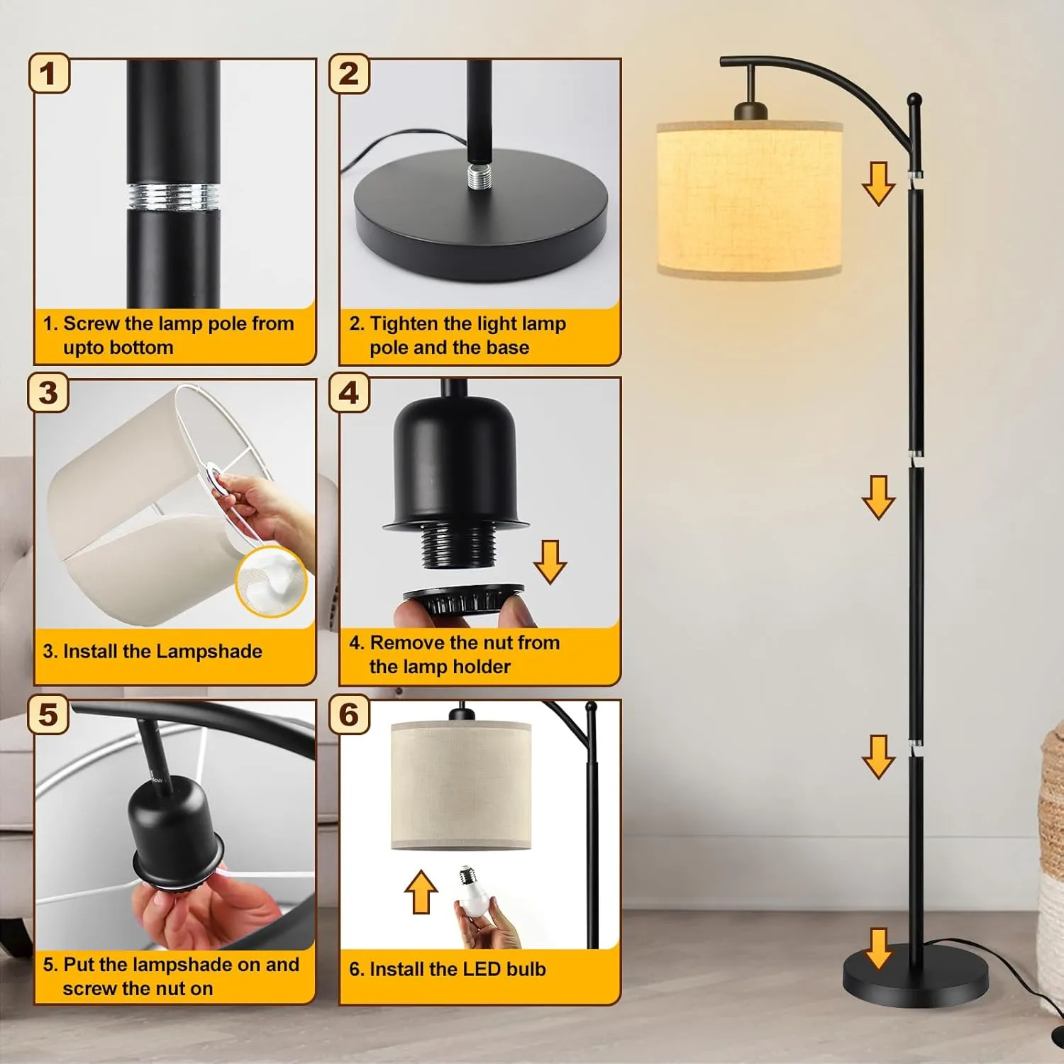 DLLT Modern Arc Floor Lamp, Farmhouse Standing Floor Lamps with Lantern Lampshade, Industrial Tall Reading Light for Bedroom Living Room Office Study, 3 Color Temperatures, Black, 8W Bulb Included