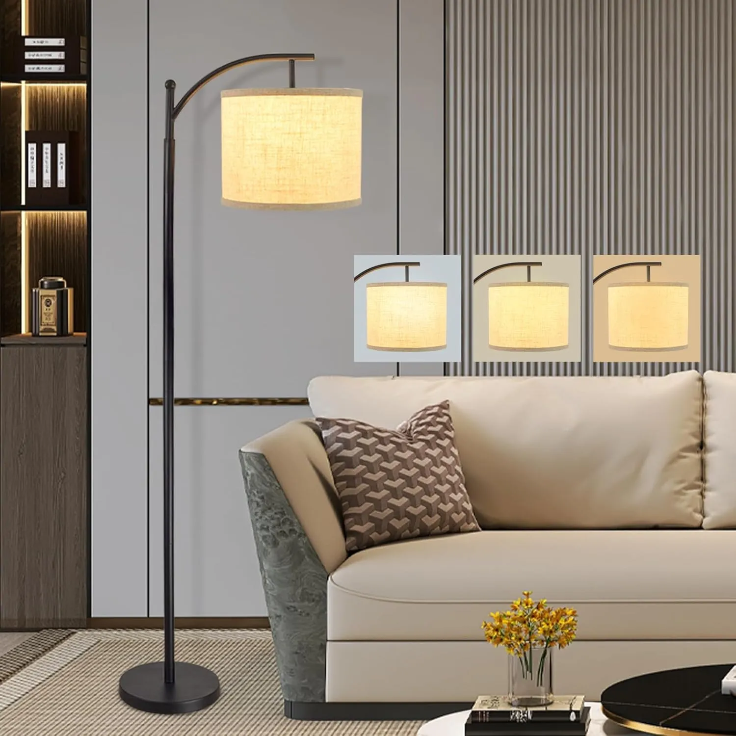 DLLT Modern Arc Floor Lamp, Farmhouse Standing Floor Lamps with Lantern Lampshade, Industrial Tall Reading Light for Bedroom Living Room Office Study, 3 Color Temperatures, Black, 8W Bulb Included