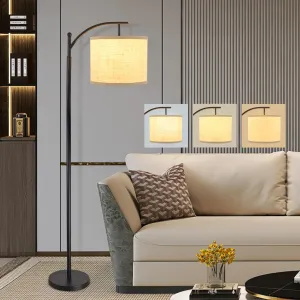 DLLT Modern Arc Floor Lamp, Farmhouse Standing Floor Lamps with Lantern Lampshade, Industrial Tall Reading Light for Bedroom Living Room Office Study, 3 Color Temperatures, Black, 8W Bulb Included