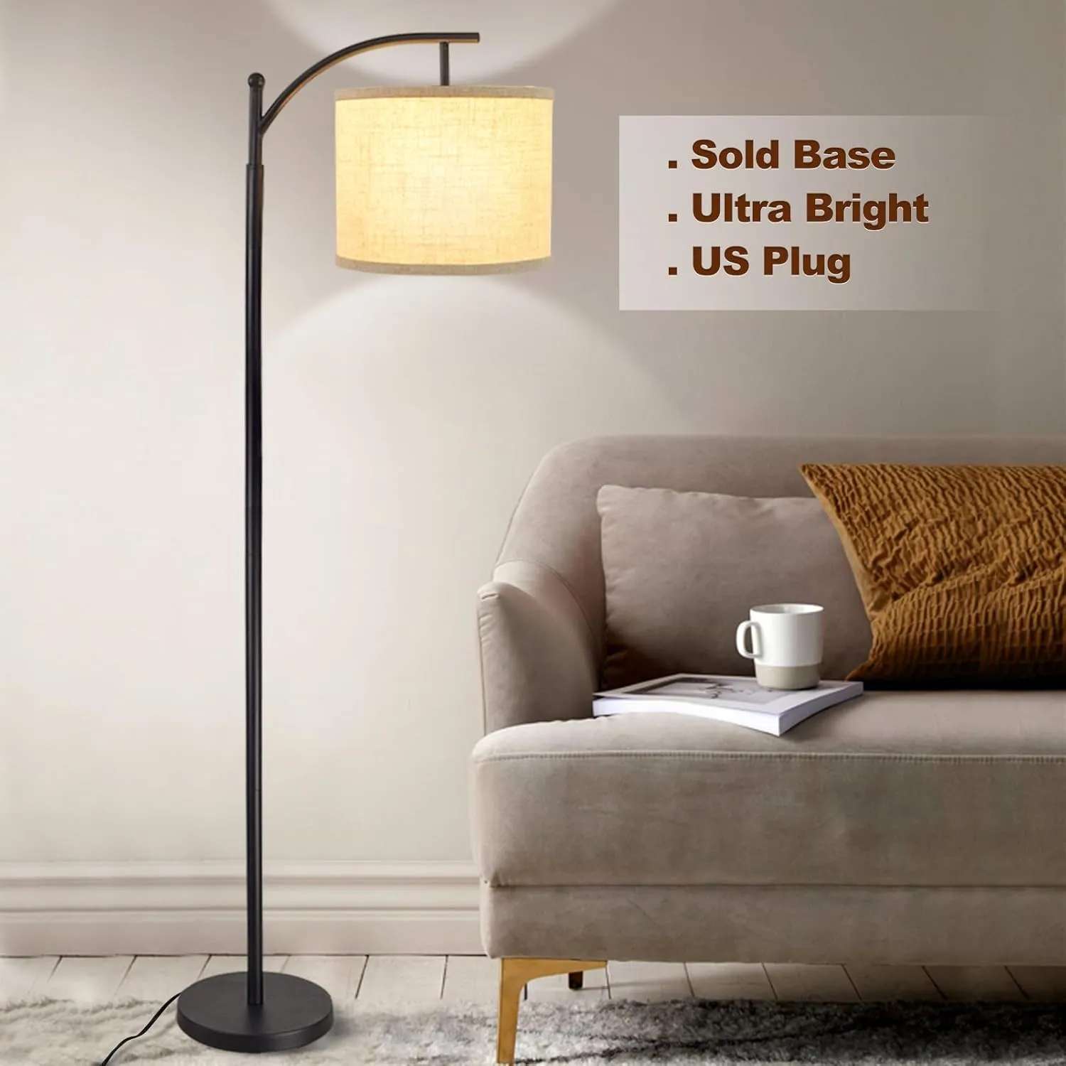 DLLT Modern Arc Floor Lamp, Farmhouse Standing Floor Lamps with Lantern Lampshade, Industrial Tall Reading Light for Bedroom Living Room Office Study, 3 Color Temperatures, Black, 8W Bulb Included