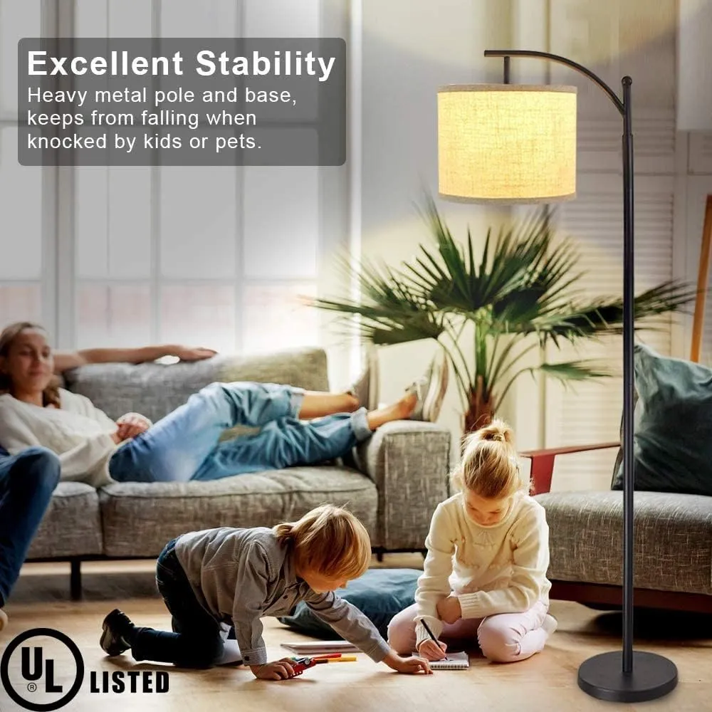 DLLT Modern Arc Floor Lamp, Farmhouse Standing Floor Lamps with Lantern Lampshade, Industrial Tall Reading Light for Bedroom Living Room Office Study, 3 Color Temperatures, Black, 8W Bulb Included