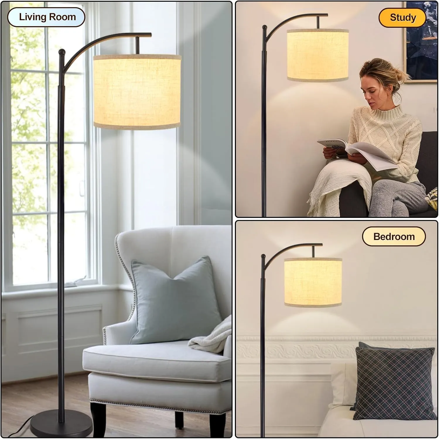 DLLT Modern Arc Floor Lamp, Farmhouse Standing Floor Lamps with Lantern Lampshade, Industrial Tall Reading Light for Bedroom Living Room Office Study, 3 Color Temperatures, Black, 8W Bulb Included