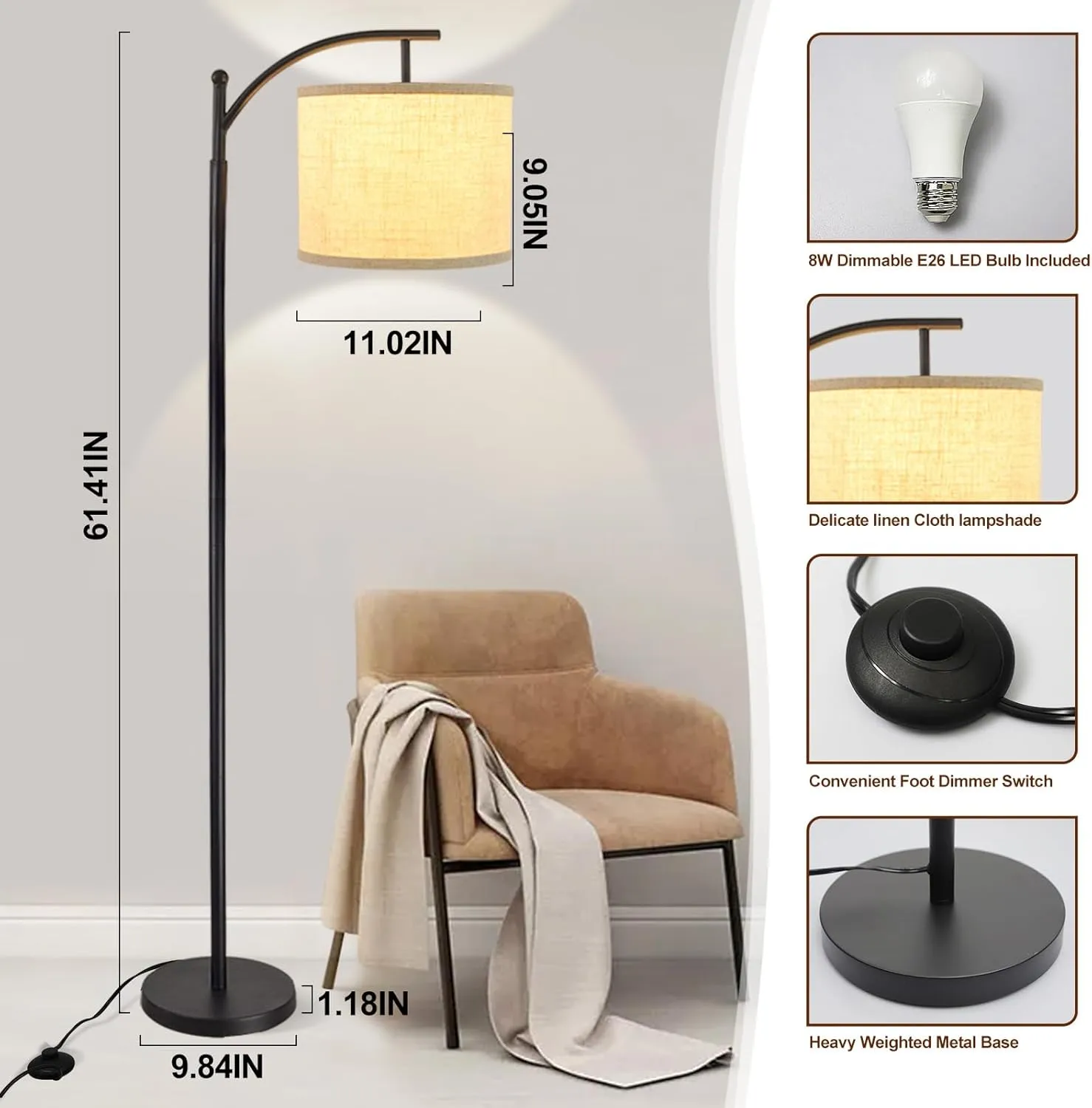 DLLT Modern Arc Floor Lamp, Farmhouse Standing Floor Lamps with Lantern Lampshade, Industrial Tall Reading Light for Bedroom Living Room Office Study, 3 Color Temperatures, Black, 8W Bulb Included