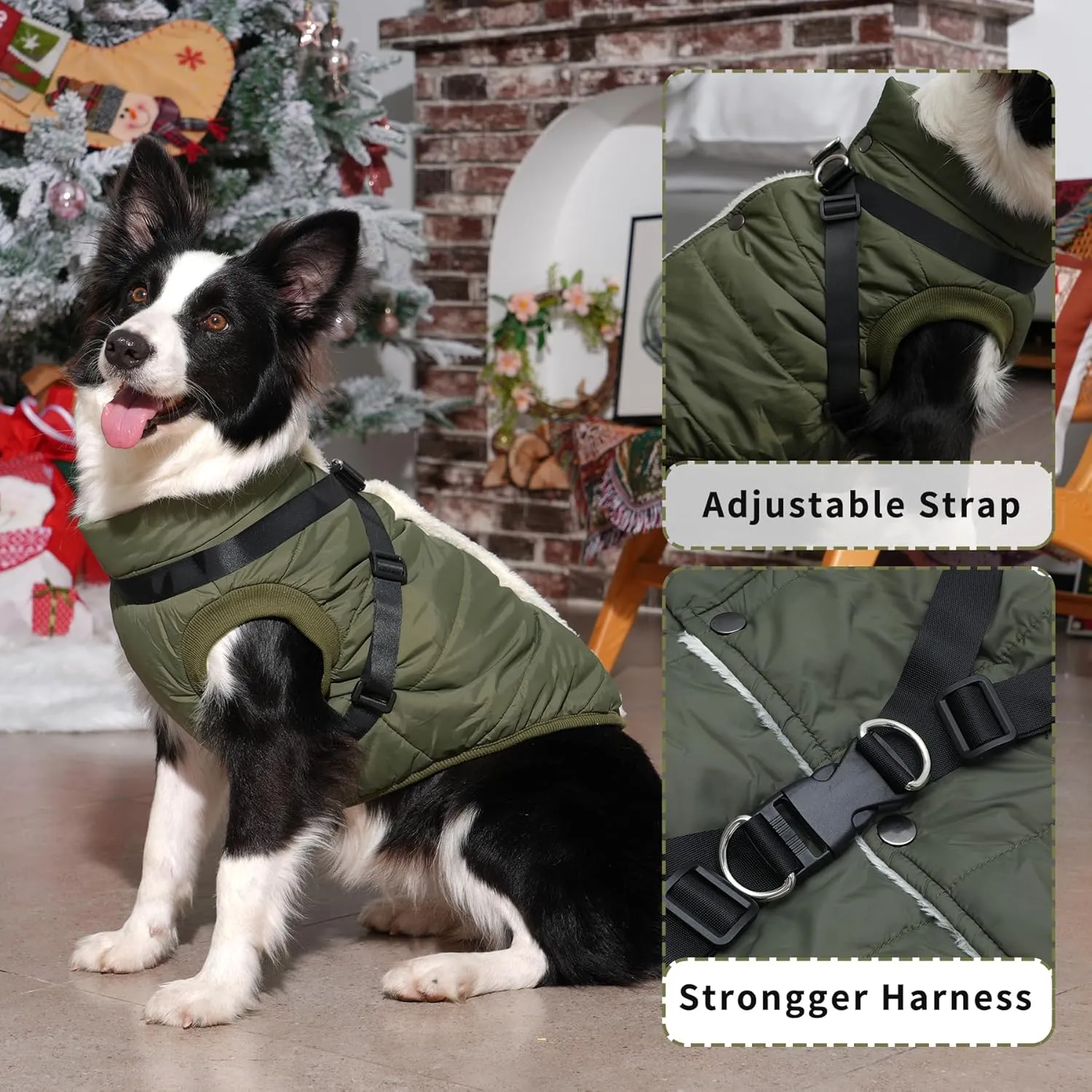 Dog Jacket with Harness,Fleece Lined Warm Puppy Coat for Winter,Soft Windproof Medium Dog Vest,Green L