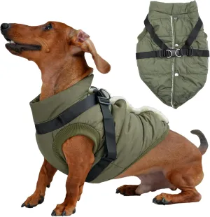 Dog Jacket with Harness,Fleece Lined Warm Puppy Coat for Winter,Soft Windproof Medium Dog Vest,Green L