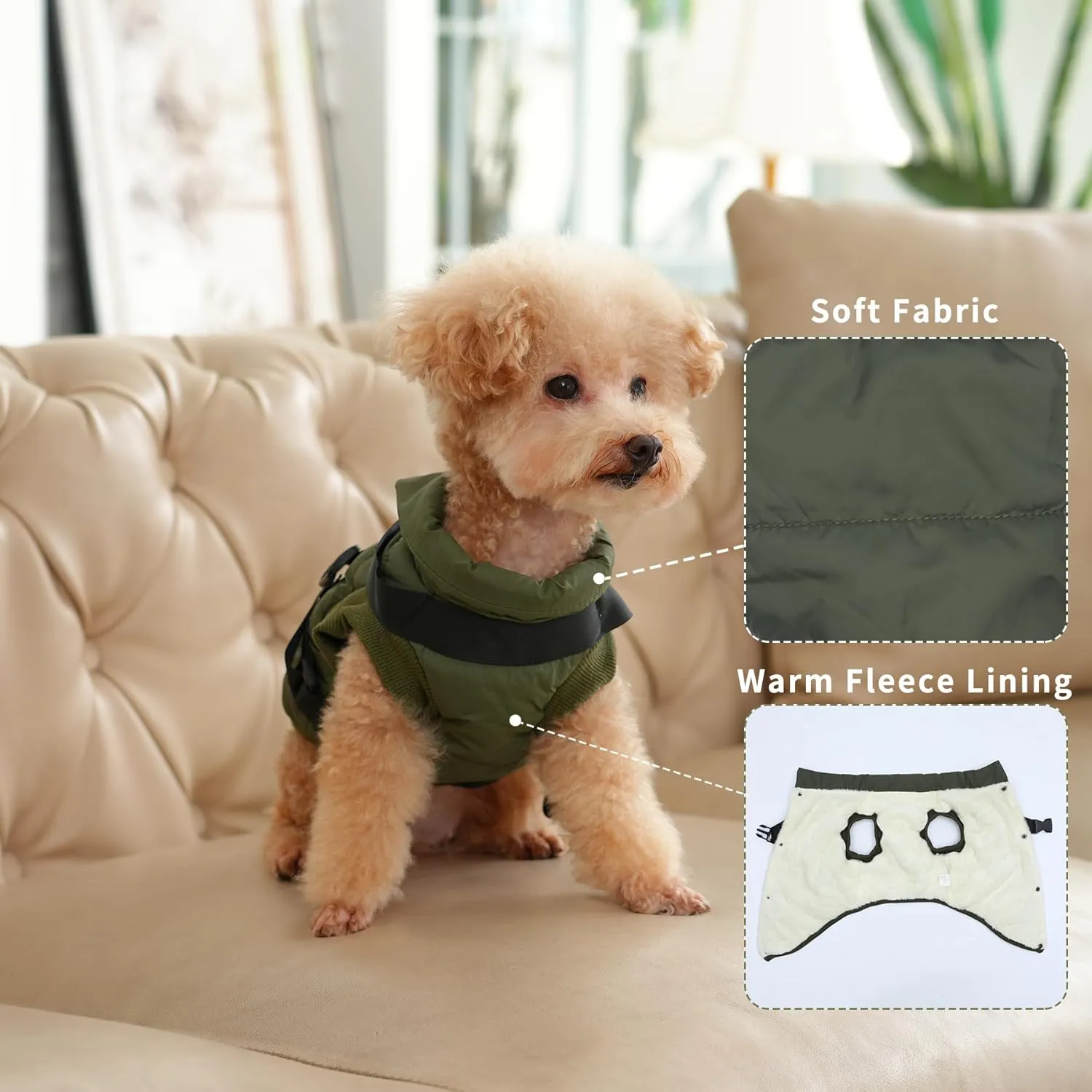 Dog Jacket with Harness,Fleece Lined Warm Puppy Coat for Winter,Soft Windproof Medium Dog Vest,Green L