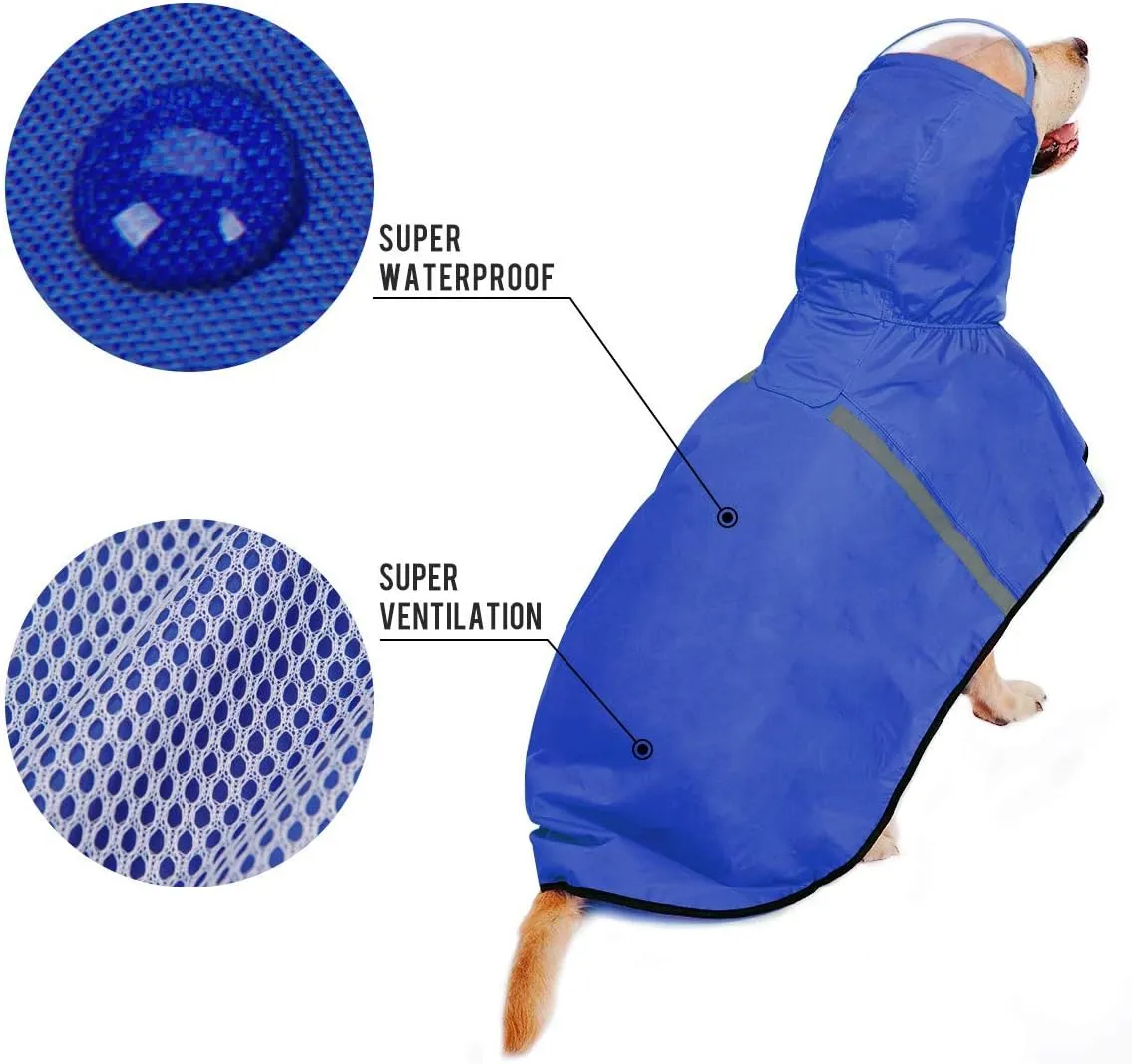 Dog Raincoat with Adjustable Belly Strap and Leash Hole - Hoodie with Reflective Strip - Waterproof Slicker Lightweight Breathable Rain Poncho Jacket for Medium Large Dogs - Easy to Wear