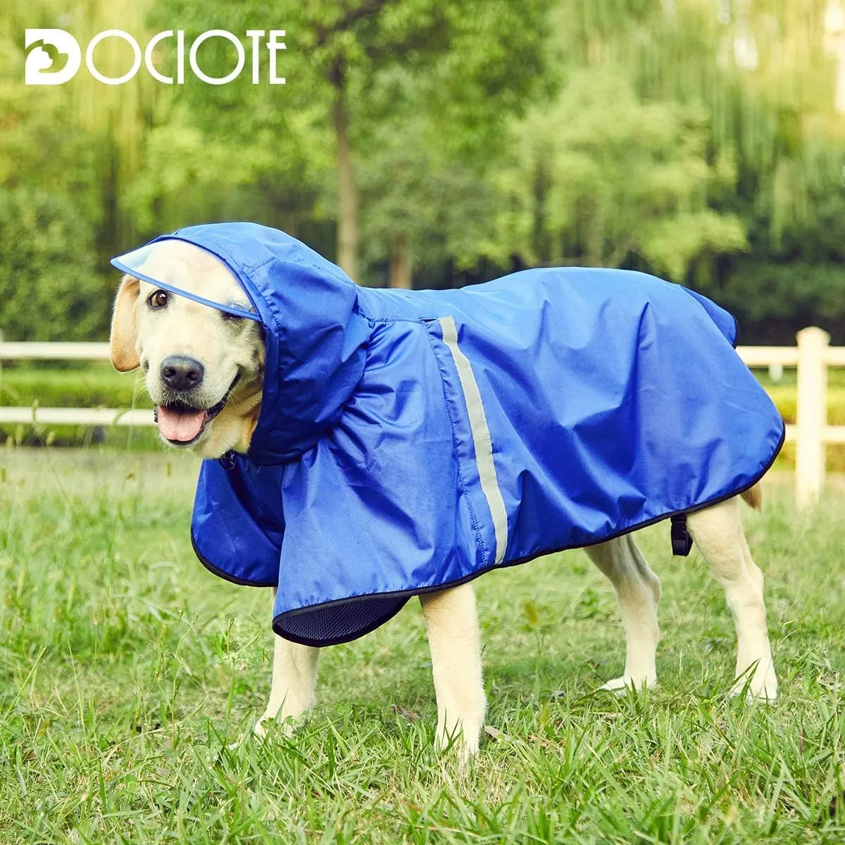 Dog Raincoat with Adjustable Belly Strap and Leash Hole - Hoodie with Reflective Strip - Waterproof Slicker Lightweight Breathable Rain Poncho Jacket for Medium Large Dogs - Easy to Wear