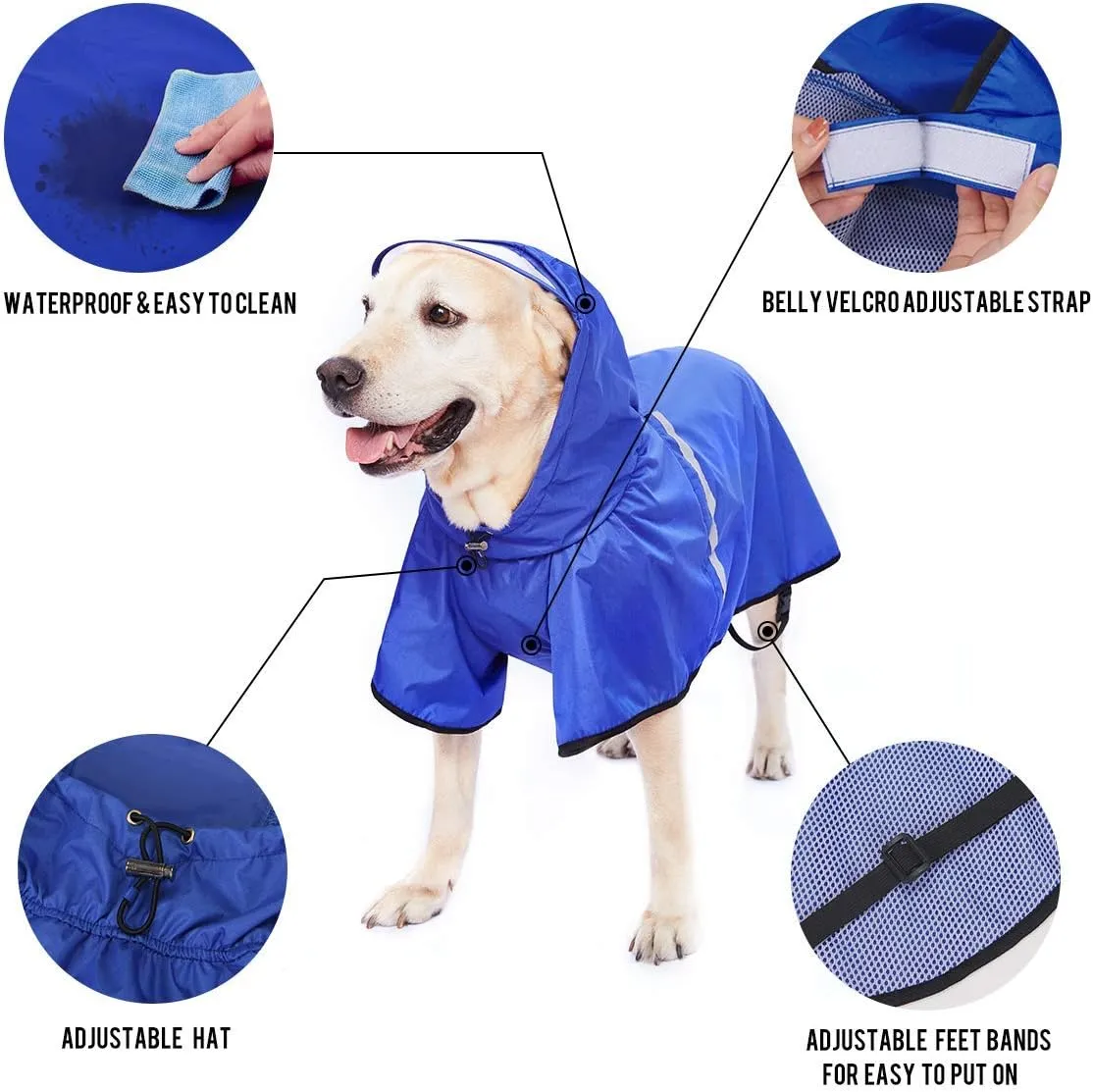 Dog Raincoat with Adjustable Belly Strap and Leash Hole - Hoodie with Reflective Strip - Waterproof Slicker Lightweight Breathable Rain Poncho Jacket for Medium Large Dogs - Easy to Wear