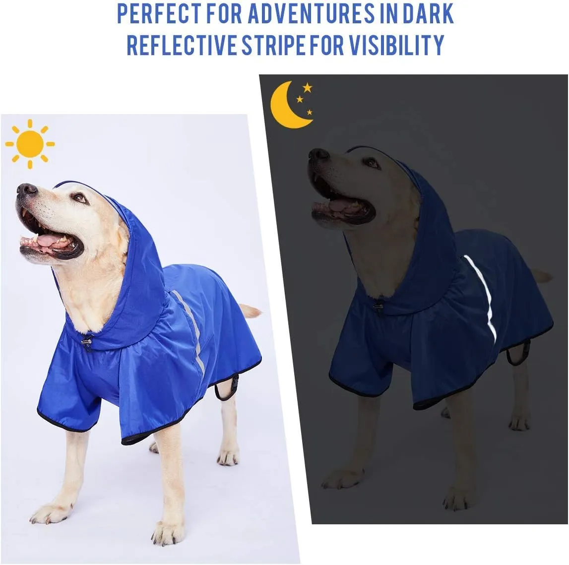 Dog Raincoat with Adjustable Belly Strap and Leash Hole - Hoodie with Reflective Strip - Waterproof Slicker Lightweight Breathable Rain Poncho Jacket for Medium Large Dogs - Easy to Wear