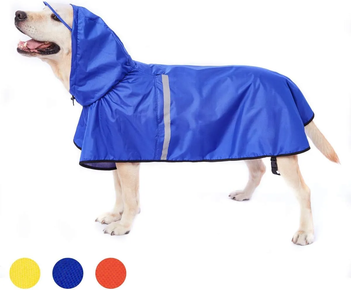 Dog Raincoat with Adjustable Belly Strap and Leash Hole - Hoodie with Reflective Strip - Waterproof Slicker Lightweight Breathable Rain Poncho Jacket for Medium Large Dogs - Easy to Wear