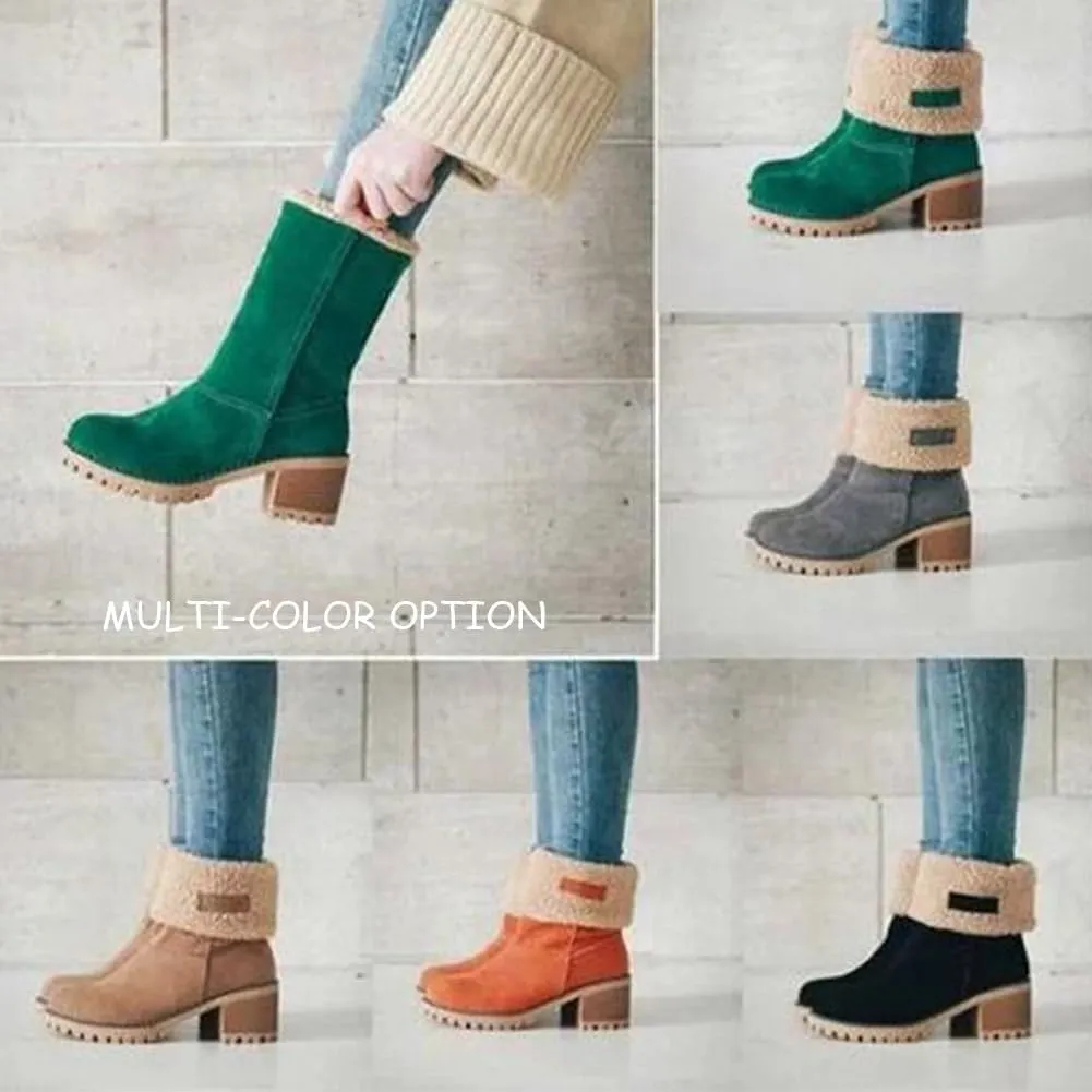Dotmalls Seniors' Chunky Heel Winter Boots, Women's Chunky Heel Round Toe Snow Boots, Mid-Calf Chunky Heel Suede(Orange,9.5-10)