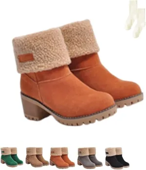 Dotmalls Seniors' Chunky Heel Winter Boots, Women's Chunky Heel Round Toe Snow Boots, Mid-Calf Chunky Heel Suede(Orange,9.5-10)