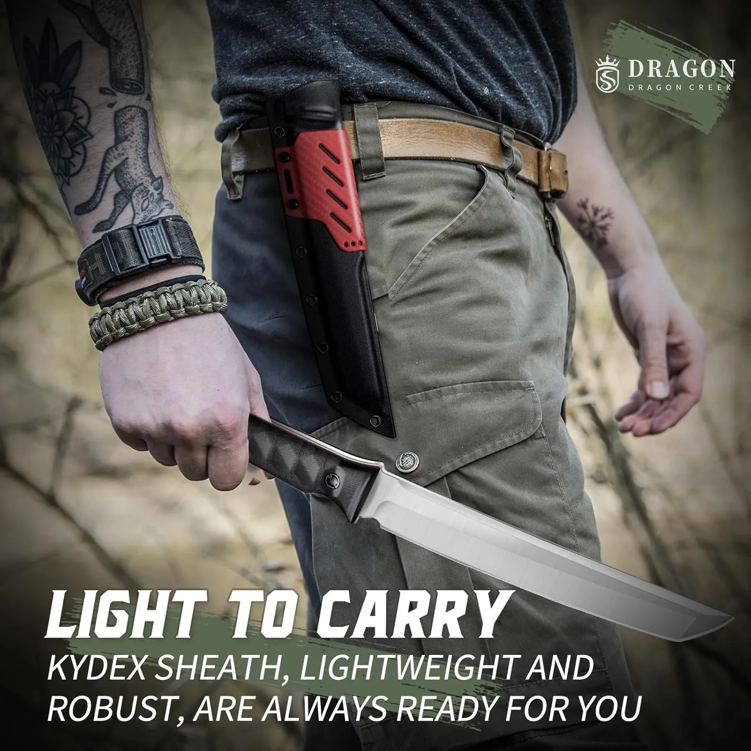 Dragon Creek Tactical Knife Kydex - Fixed Blade Outdoor Survival Knife with Sheath D2 Steel Blade G10 Full Tang Handle for Camping Hiking Gift Men Red