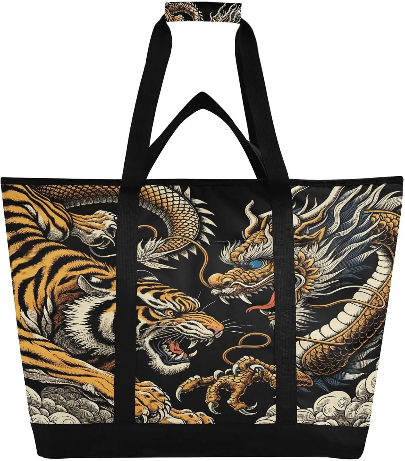 Dragon Tiger Fighting Reusable Insulated Lunchbox Cooler Bag, Leakproof Kitchen Grocery Bag Collapsible Portable Cooler Tote Bag for Picnic, Camping, Office, Travel