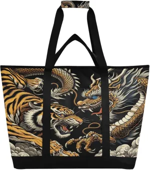 Dragon Tiger Fighting Reusable Insulated Lunchbox Cooler Bag, Leakproof Kitchen Grocery Bag Collapsible Portable Cooler Tote Bag for Picnic, Camping, Office, Travel