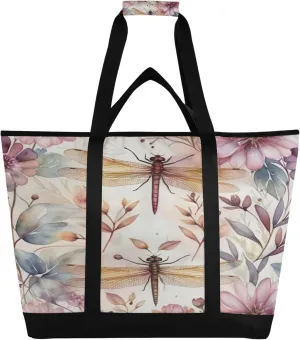Dragonflies Reusable Insulated Cooler Bag with Ice Pack Compartment - Large 47L Waterproof Thermal Grocery Tote for Picnic Beach Camping Lunch Storage